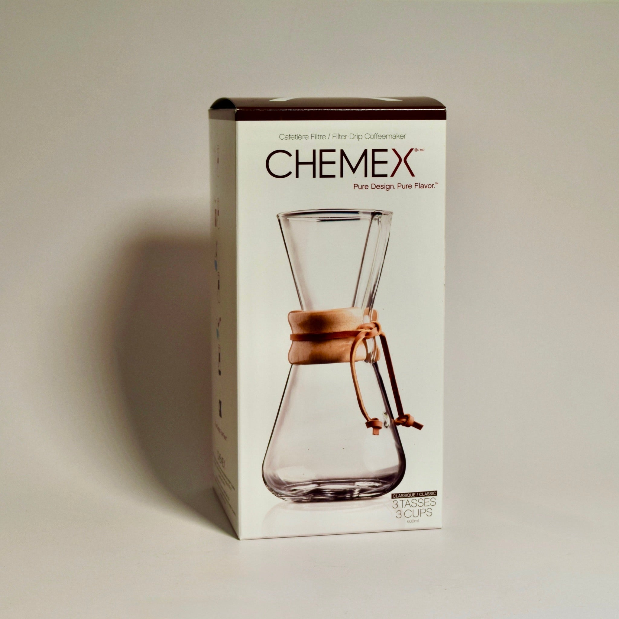 Chemex 3 cup coffee maker retail box packaging showing product image and branding