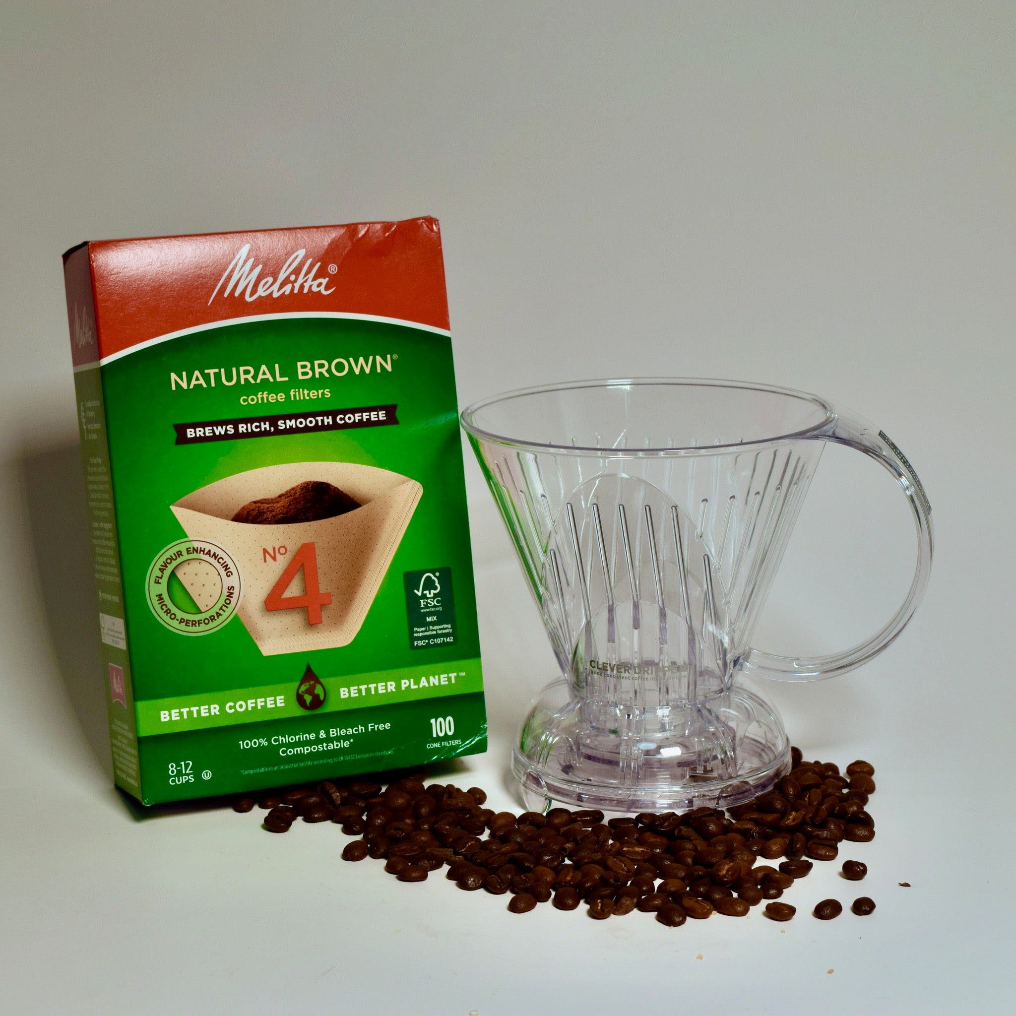 Clever Dripper coffee brewer with box of paper filters for immersion brewing