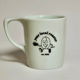 “Your local roaster” coffee mug with bean character design on white 16 oz porcelain cup