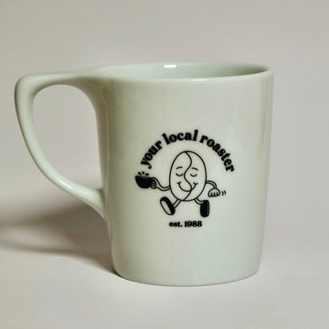 “Your local roaster” coffee mug with bean character design on white 16 oz porcelain cup