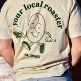 Coffee Tree Roastery t-shirt with “your local roaster” bean character graphic on back